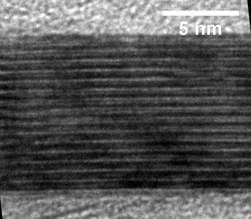 Representative high-resolution cross-sectional Transmission Electron Microscopy image showing the layered nature of MoS2